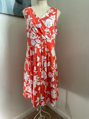 Lands' End Coral and White Floral Surplice Midi Dress